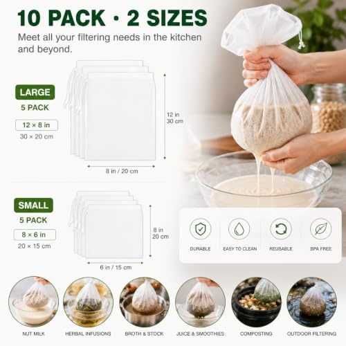 Nut Milk Bags 10 Pack, Reusable 200 Mesh Strainer Bags, 2 Sizes, 5