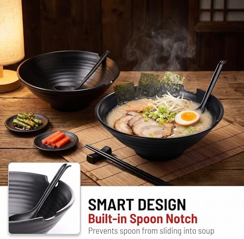 Unbreakable Japanese Style Ramen Bowl Set of 2, 37oz Black Large Matte