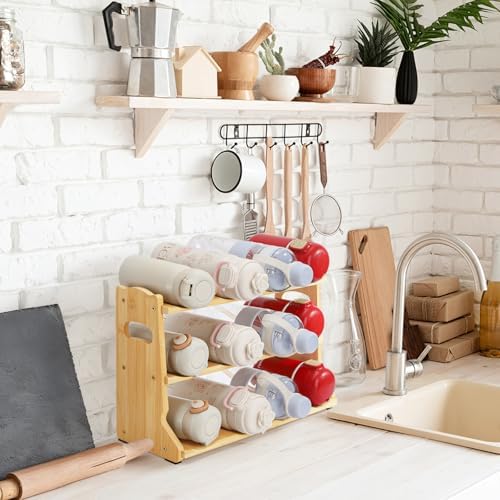 Pumtus Bamboo Water Bottle Organizer, 3-Tier Tumbler Storage Rack, 12