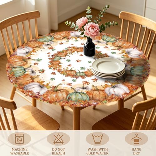 Fall Round Fitted Tablecloth with Elastic Edge Thanksgiving Autumn