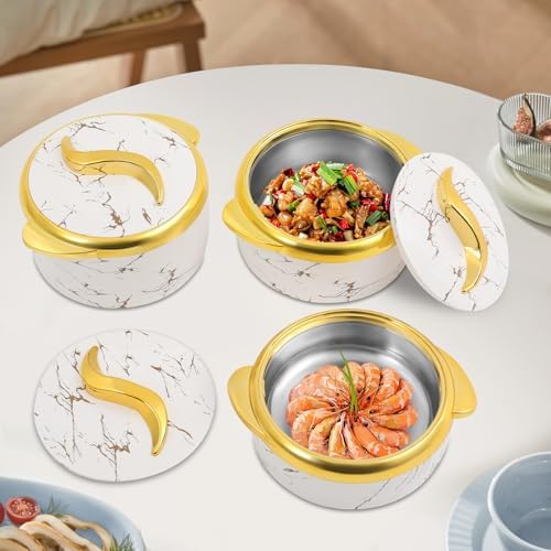 3-Piece 1.5L/2L/2.5L Thermal Dish Set with Lids, Insulated Stainless Steel Container for Hot & Cold Food, Serving Bowl for Buffets/Parties (White, Gold)