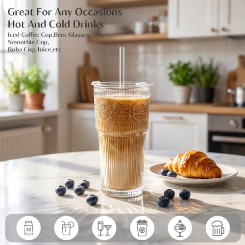 INSETLAN 20 oz Iced Coffee Cups with Lids and Straw, Set of 2 Glass