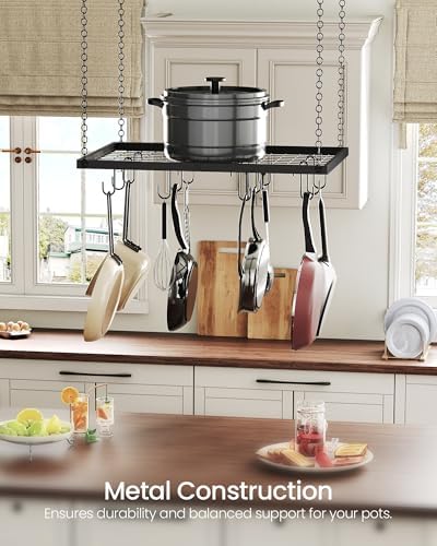 CHOEZON Hanging Pot Rack, Ceiling Mounted Pot Hanger for Kitchen, Metal Cookware Storage Organizer with 12 Hooks, for Storage of Cookware, Utensils in Kitchen, 23.7" L, Black TPR03BB