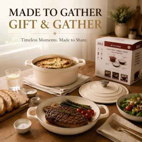 AHJ Enameled Cast Iron Dutch Oven Set - 4 Piece Cookware Set with Lids