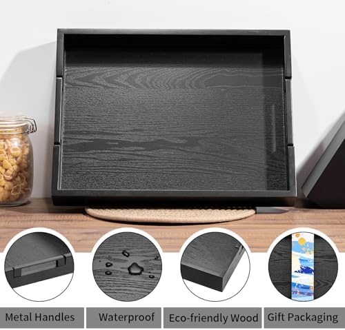 Large Black Solid Wood Decorative Ottoman Tray, 17 x 13 x 2 Inches