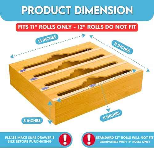 Bamboo Aluminum Foil Organizer & Plastic Wrap Dispenser with Cutter for 11" Rolls - 4 in 1 Parchment, Wax Paper & Saran Wrap Holder - Tin Foil Wrap Organizer for Kitchen Drawer, Countertop & Pantry