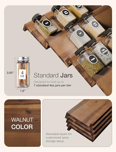 Tinamo Acacia Wooden Spice Rack Organizer for Cabinet, 8 Pcs, Walnut