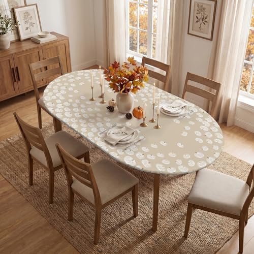 Horaldaily Fall Fitted Tablecloth for 64x44 Inch Oval,Cute Pumpkin