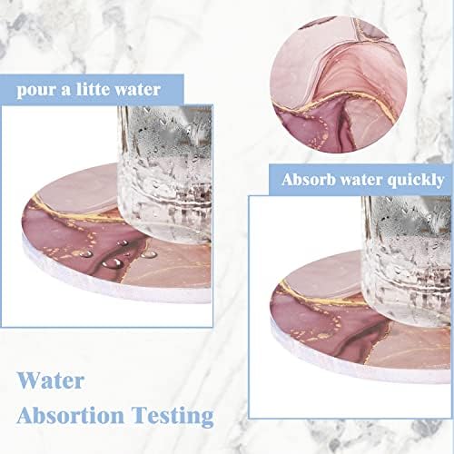 Absorbent Pink Marble Ceramic Coasters for Drinks with Gold Holder and