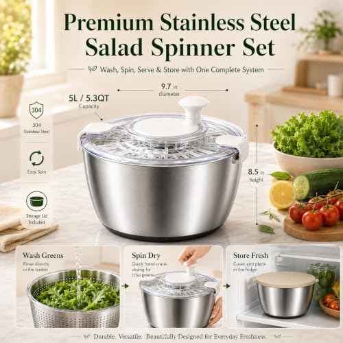 5.3 Qt Stainless Steel Salad Spinner with Storage Lid, Beige White