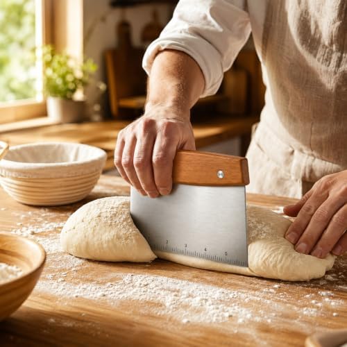 6 Inch Pizza Dough Cutter with Wooden Handle, Sour Dough Scraper Tool