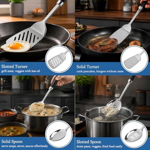 4PCS Stainless Steel Cooking Spatula Spoon Set, Metal Cooking Utensils