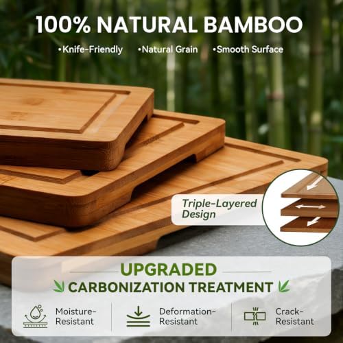 Empune Bamboo Cutting Board Set with Stand & Juice Grooves, Deep
