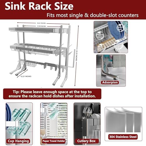 VNKZI 3-Tier Adjustable Over-Sink Dish Rack, 25.98'' to 36.61''