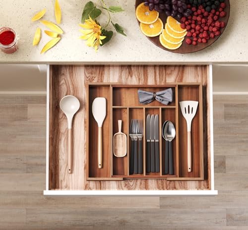 Fibogollo Expandable Kitchen Drawer Organizer,Acacia Wood Silverware Organizer,Adjustable Flatware Tray for Utensils(13.78 * 10.24~16.14 * 1.97)