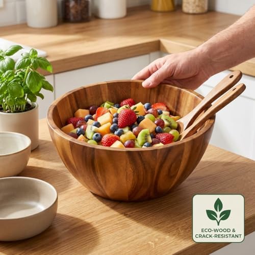 Shalinindia Large Acacia Wood Salad Bowl Set with Utensils, 12.5 In