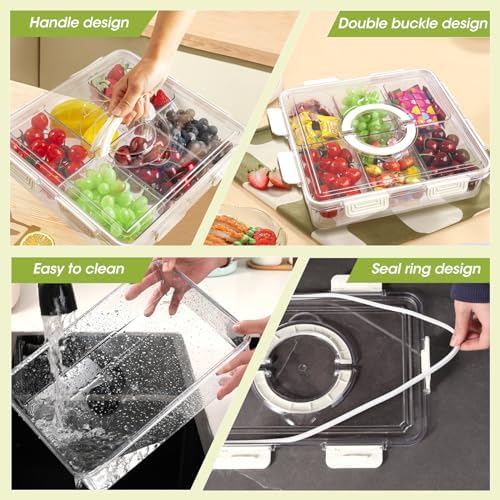 Divided Serving Tray with Lid & Handle, 6 Compartment Removable Snack