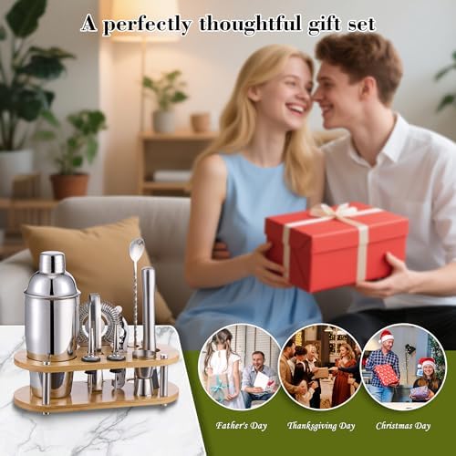 Wukuna Cocktail Shaker Bartender Kit, 11 Pcs Bar Tool Set with Bamboo