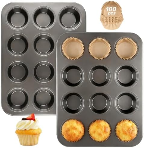 Artcochan 2 Pack Muffin Pan with 100 Cupcake Liners, 12 Cup Nonstick