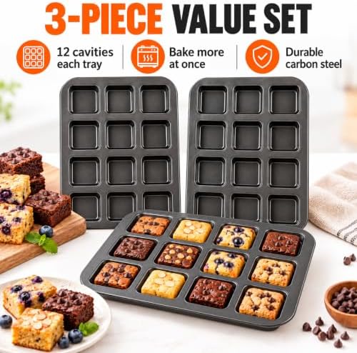 3 Pcs 12-Cavity Brownie Pan with Dividers, Black, 14" × 10.5" × 1.2"