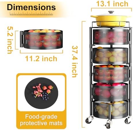 SNTD 5-Tier Fruit and Vegetable Basket Bowls for Kitchen, Rotating, Black