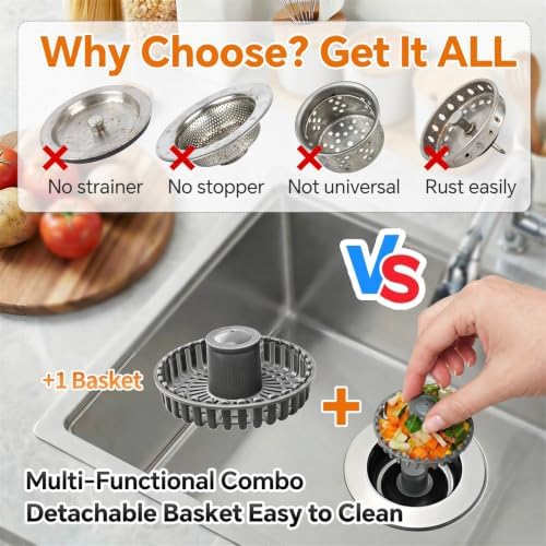 Solid Brass Kitchen Sink Drain Strainer Stopper, 3-1/2 Inch