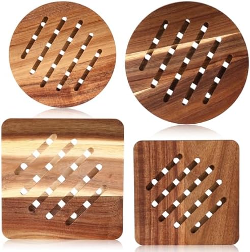 4 Pcs Acacia Trivet Mat Set 5.8inch 7inch Thicken Acacia Wood Hot Pads