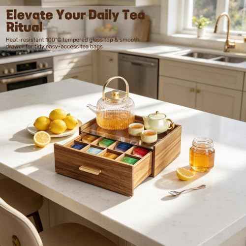 Alsonerbay Acacia Wood Tea Bag Organizer, Tea Box with Drawer, Natural