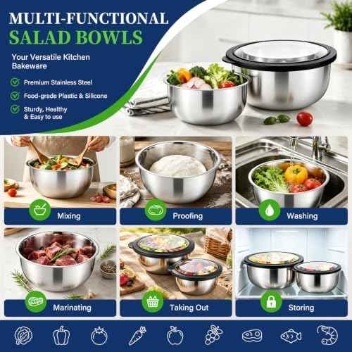 P&P CHEF Mixing Bowls with Lids Set of 3, Black Stainless Steel Salad Bowl