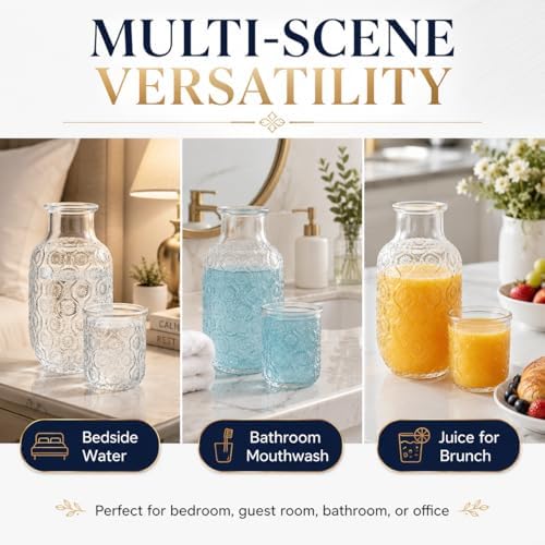 2 Set Bedside Water Carafe and Glass Set, 18oz Nightstand Pitcher with
