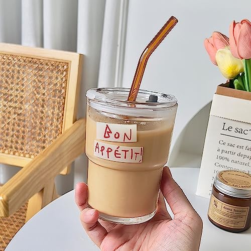 Olvini 13oz Glass Tumbler with Straw and Lid, Reusable Iced Coffee Cup