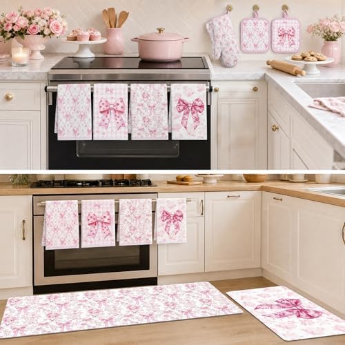 Pink Bows Kitchen Decor Set, 10 Pcs Coquettte Bow Home Accessories