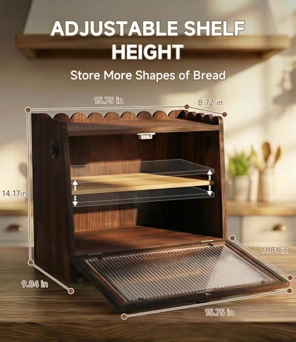 Bread Box for Kitchen Scalloped Countertop Wooden Double Layer Bread