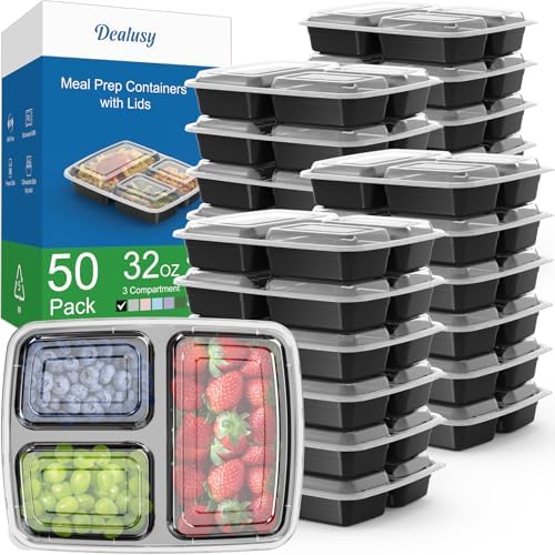 Dealusy 50 Pack 32 oz Meal Prep Containers with Lids 3-Compartment