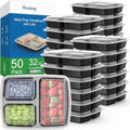 Dealusy 50 Pack 32 oz Meal Prep Containers with Lids 3-Compartment