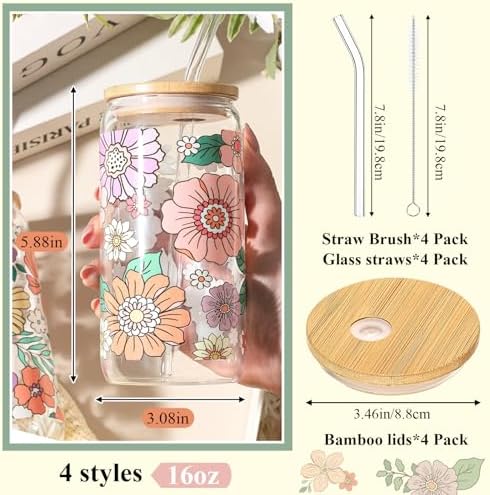 Mumufy 4 Pack Bohemian Flower Glass Cup, 16 oz Tumbler Mug with Bamboo