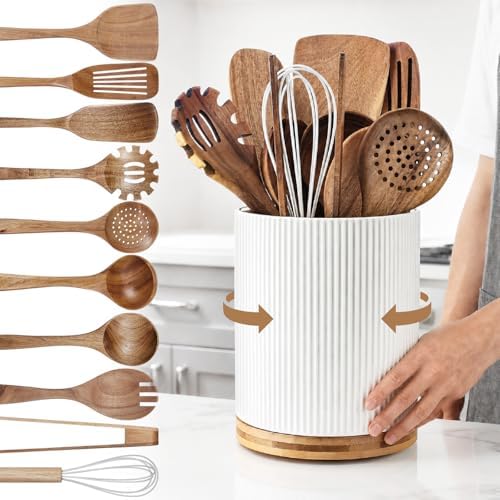 SiliFine 11 Pcs Wood Kitchen Utensils Set, 360° Rotating Holder, White