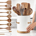 SiliFine 11 Pcs Wood Kitchen Utensils Set, 360° Rotating Holder, White
