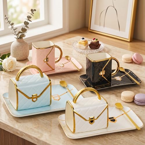Handbag Coffee Mug Set,Four 10 oz Ceramic Cups with Saucers & Spoons