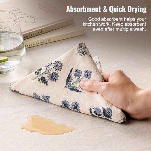 Block Print Floral Flour Sack Kitchen Towels Set of 2, Dusty Blue