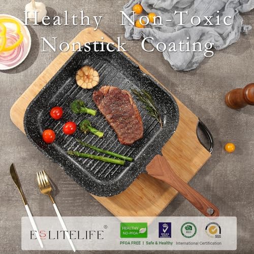 ESLITE LIFE Nonstick Grill Pan with Lid & Tongs for Stove Tops, 9.5 Inch Versatile Square Big Grilling Skillet Steak Pan with Pour Spouts for Indoor & Outdoor Cooking, PTFE & PFOA Free, Black