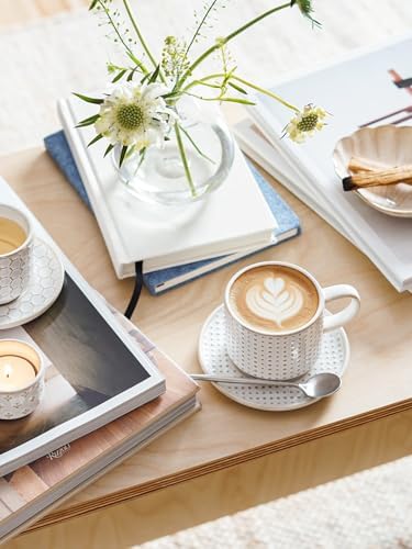 LE TAUCI 6 oz Stackable Cappuccino Cups with Saucers and Stand, Set of