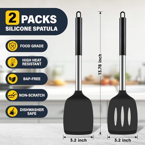 2 Pack Silicone Spatula Set, Solid & Slotted Turner for Non-Stick Pans