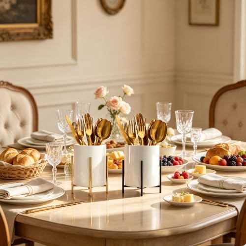 2-Piece White Ceramic Cutlery Caddy with Metal Bracket