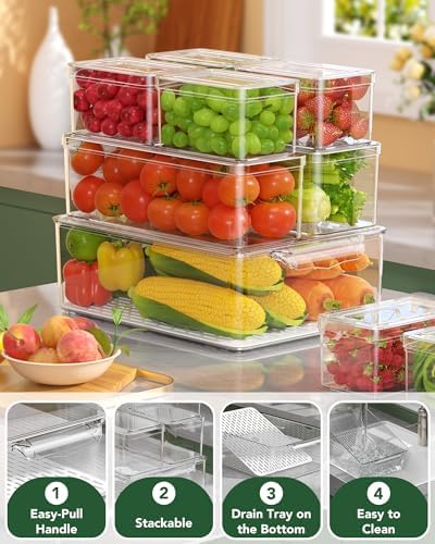 KEMETHY 11 Pack Refrigerator Organizers and Storage, Stackable Fridge Organizer Bins, BPA-Free Clear Plastic Fruit Storage Containers for Fridge, Kitchen, Fruits, Drinks, Produce, Vegetable