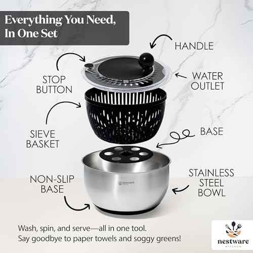 Stainless Steel Salad Spinner Large, 5.3 Qt - Lettuce, Vegetable &