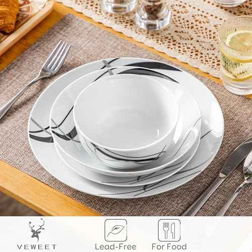 VEWEET Porcelain Dinnerware Sets for 6, 24 Piece Plates and Bowls, FIONA