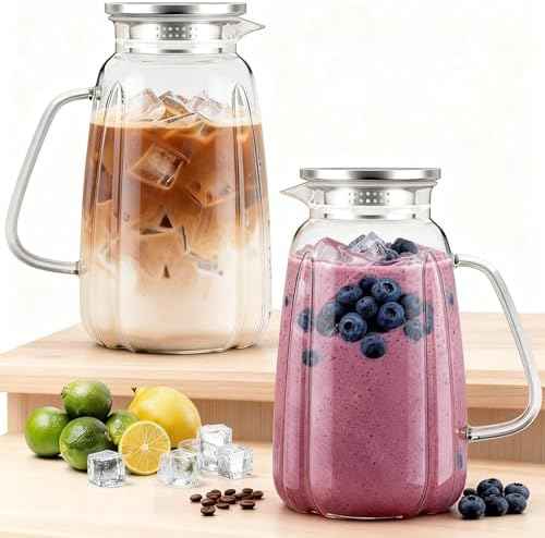 2 Pack Glass Pitcher with Lid and Handle for Fridge, Iced Tea and