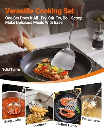 304 Stainless Steel Kitchen Utensils Set - 15PCS Long Metal Cooking
