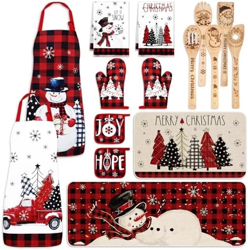 Whaline 15Pcs Christmas Kitchen Accessories Set Buffalo Plaid Snowman
